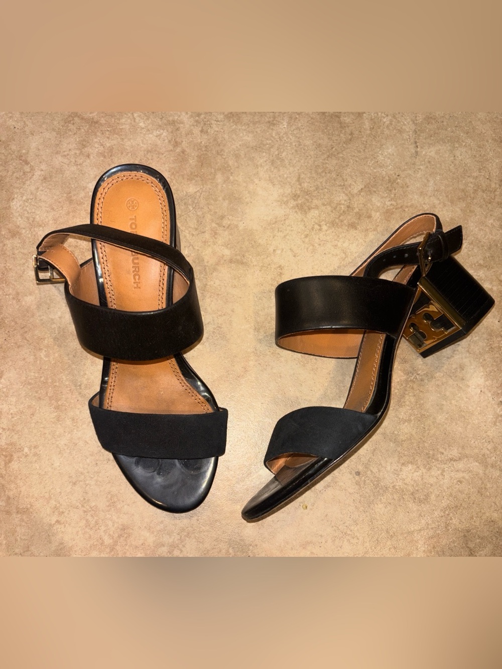 Tory Burch Gigi Black Heels with Gold Detail Under Heel